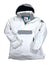 The Womens The All Out GTX Anorak is a white GORE-TEX ski jacket with gray accents, front zipper pocket, and sleeve Velcro straps, shown waterproof and laid flat on a white background.