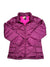 The North Face Kids' Aconcagua Down Jacket in purple features a quilted design, front zipper, high collar with tag, pink inner lining, long sleeves, and side pockets.