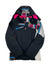 The Girls Project Insulated Ski Jacket is a black ski jacket for girls with colorful geometric patterns and stripes, featuring a bright pink hood lining, front zipper, and zippered chest pocket.