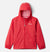 The Kids' Glennaker Rain Jacket by Columbia is bright red with a front zipper, elastic cuffs, side pockets, and the Columbia logo on the left chest, shown on a plain white background.