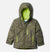 The Kids' Mighty Mogul Insulated Jacket in gray features a neon green abstract pattern, neon green zippers, soft green lining, and the OUTGROWN grow system, shown on a white background.