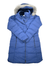 The Womens Crystal Caves Mid Jacket is a long blue winter coat with down insulation, gray faux fur-trimmed hood, zipper and snap closures, zippered side pockets, and water-resistant material. Shown flat on a white background.