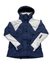 The HH Tri-Color Shell Jacket is a blue and white ski jacket with a front zipper, high collar, adjustable cuffs, branded left-sleeve tag, water-resistant shell, and color-block design.
