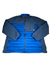 The StretchDown HD Jacket is a blue and dark gray puffer with Q.Shield DOWN insulation, full front zipper, long sleeves, small left chest logo, and horizontal quilting for water-repellent warmth in cold conditions.