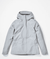 The Women's Minimalist Jacket in light gray features a hood, front zipper, two zippered side pockets, and long sleeves. Laid flat on a white background, this stylish lightweight waterproof jacket is ideal for rainy days.