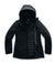 Women's hooded black puffer jacket with zip front and detachable outer layer
