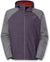 The Women's Allabout Rain Jacket features a color-blocked design with a purple body, light gray sleeves and shoulders, a hood, zippered front, orange lining, and The North Face logo on the left chest. Stylish and waterproof.