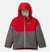 The Kids' Alpine Action II Insulated Jacket by Columbia features a red hood, shoulders, and chest, with gray sleeves and lower body. Waterproof and winter-ready, it has a front zipper, side pockets, and is shown on a plain white background.