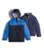 The Kids' Chimborazo Triclimate 3-in-1 Jacket is shown in blue and navy, featuring a waterproof shell with hood and a matching navy Sherpa fleece liner zip-up, displayed side by side on a white background.