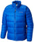 The Men's Frost Fighter Insulated Jacket features a bright blue color, faux-down insulation, front zipper, high collar, zippered side pockets, and a visible Columbia logo on the left chest.