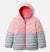 The Kids' Humphrey Hills Puffer Insulated Jacket for toddler girls is water-resistant with a hood, a pink upper and sleeves, light gray lower section and cuffs, front zipper, and cozy quilted pattern—perfect for chilly days.