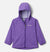 The Kids' Switchback Rain Jacket by Columbia is a purple children's raincoat with a front zipper, two side pockets, and elastic cuffs. This lightweight, waterproof jacket is shown on a plain light gray background.