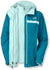 The North Face Women's Glacier Triclimate Jacket in teal and light blue features a zip-in fleece liner, white accent stripe, and chest logo—ideal for outdoor adventures. Shown on a white background.