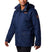 A person wearing the Men's Horizons Pine Interchange 3-in-1 Jacket—a blue, hooded design with thermal reflective lining, multiple front pockets, and brown button details—stands against a plain white background.