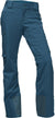 The Women's Powdance Insulated Snow Pants feature a dark teal color, straight legs, stretch fabric, reinforced knees, zippered side pocket, belt loops, and a front button closure. Shown against a white background.