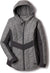 The Women's Pseudio Jacket is a gray slim fit with black side panels, front zipper, two zippered pockets, The North Face logo on the lower left, synthetic insulation, quilted design, and a high collar with snap buttons.