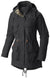 The Women's Tillicum Bridge Long Jacket is a black, water-resistant parka with four front pockets, waist and hem drawstrings, and a patterned hood lining, shown on a white background.