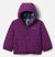 The Kids' Double Trouble Reversible Jacket - Toddlers by Columbia is a purple quilted jacket with a front zipper and a patterned inner lining featuring white geometric shapes on a dark background.