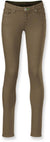 Women's Valencia Pants in brown with a 5-pocket jean style, featuring front and back pockets, belt loops, and button-zipper closure, made from stretch cotton-blend fabric. Shown against a white background.